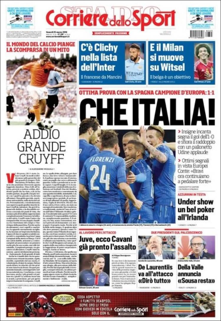 Az olasz Corriere dello Sport a címlapján megjelent nekrológgal búcsúzott (a Gazzetta sztájk miatt nem jelent meg)