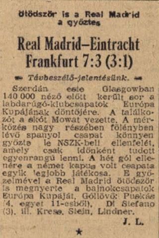 A Népsport 1960. május 20-i száma nem harsogta túl Puskásék diadalát