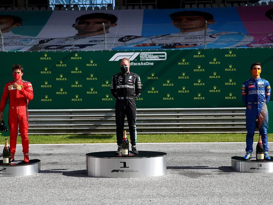 A dobogósok, balról jobbra: Leclerc, Bottas, Norris (Fotó: AFP)