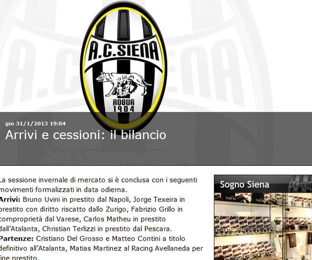 A Siena érkezői és távozói a hivatalos honlapon