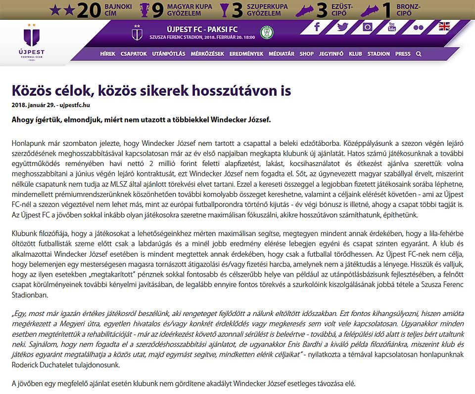 Az Újpest honlapján megjelent közlemény