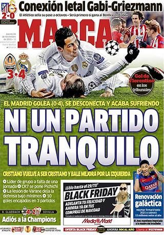 A spanyol sportlap, a Marca csütörtöki címlapja 
(A főcím: Mégsem egy nyugodt meccs)