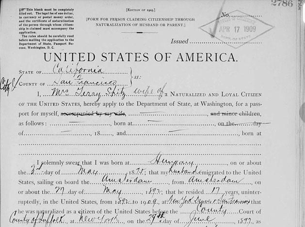 A dédanya, Terry Spitz 1909-es útlevélkérelméből több fontos adat kiolvasható