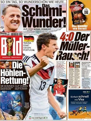 A Bild címlapján Thomas Müller volt a főszereplő – és a súlyos 
síbaleset után kezelt Michael Schumacher, akit aznap 
nagy reményekkel szállítottak rehabilitációs kezelésre…