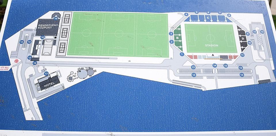 Balra a rendezvényközpont, középen az edzőpályák, jobbra a stadion – a Szent Gellért Fórum tíz hektáron terül el (Fotó: Koncz György)