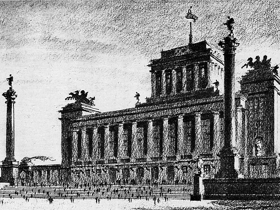 A már idős építész 1955-ben beadta művét a moszkvai Pantheonra kiírt tervpályázatra