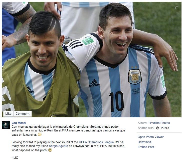 Öröm lesz jó barátom, Sergio Agüero ellen játszani. A FIFA-ban (népszerű futballszimulációs játék – a szerk.) mindig legyőzőm, meglátjuk mi történik a pályán
(Forrás: Facebook)