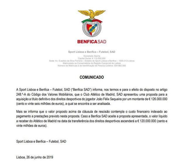 A Benfica közleménye portugálul