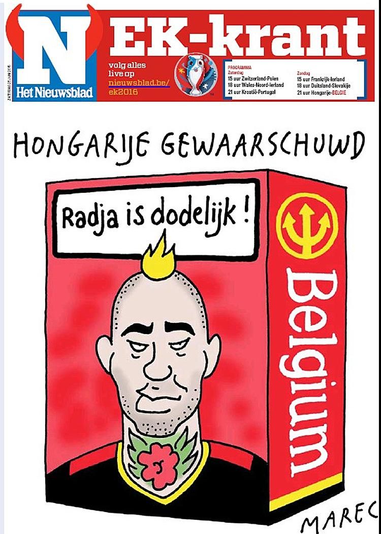 A dohányzó Nainggolanról készült karikatúrával indul a Het Nieuwsblad sportrovata. „Figyelmeztetés a magyaroknak: Radja halált okozhat”