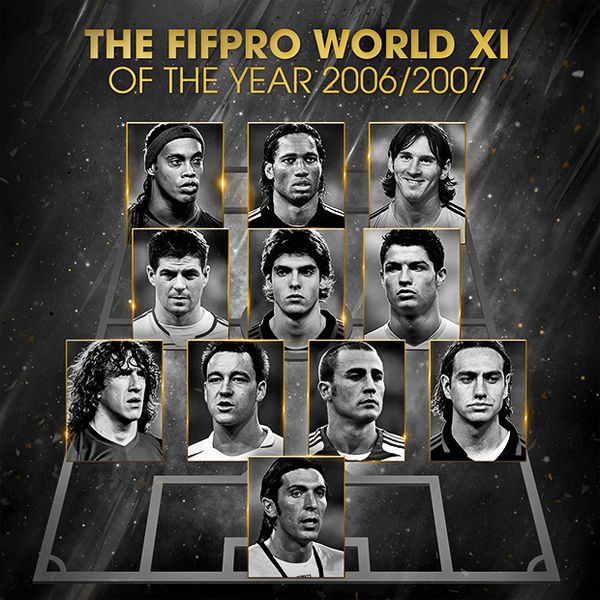2007: Buffon – Nesta, F. Cannavaro, Terry, Puyol – Cristiano Ronaldo, Kaká, Gerrard – Messi, Drogba, Ronaldinho 
(Fotó: squawka.com)