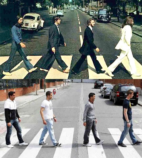 A felvezetés izgalmasabb volt: a Liverpoolra várva „Abbey Road-ost” játszottak az Atlético-játékosok Madridban. Harrison, McCartney, Starkey/Starr és Lennon (felső kép balról) dublőre Raúl García, Domínguez, Reyes és De Gea volt (Fotó: marca.com)