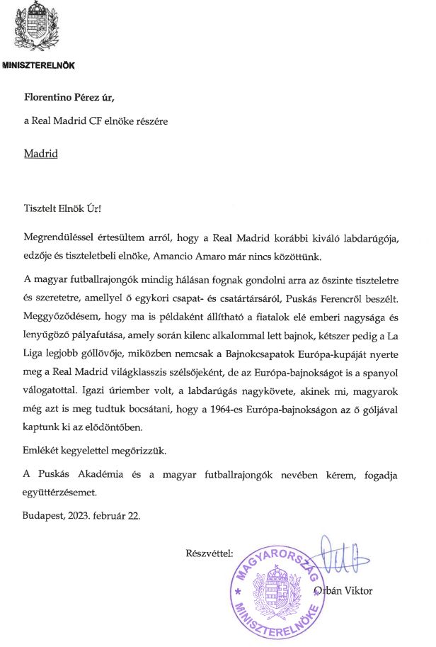 Orbán Viktor levele Florentino Péreznek (Fotó: Puskás Akadémia)