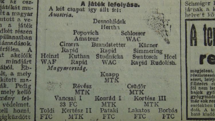 Vancsai, Toldi, Lakatos és a többiek a Sporthírlap 1915. május 31-ei számában. Nini, ott egy Schlosser is – az ellenfél csapatában (Forrás: NS-archívum)