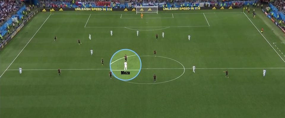 Argentin „védekezés” II: a második gól előtt Meza elveszti a labdát, és csak sétál visszasprintelés helyett. 
A középpálya közepe teljesen kiürül, az argentin csapat két egységre szakad (Forrás: BBC)