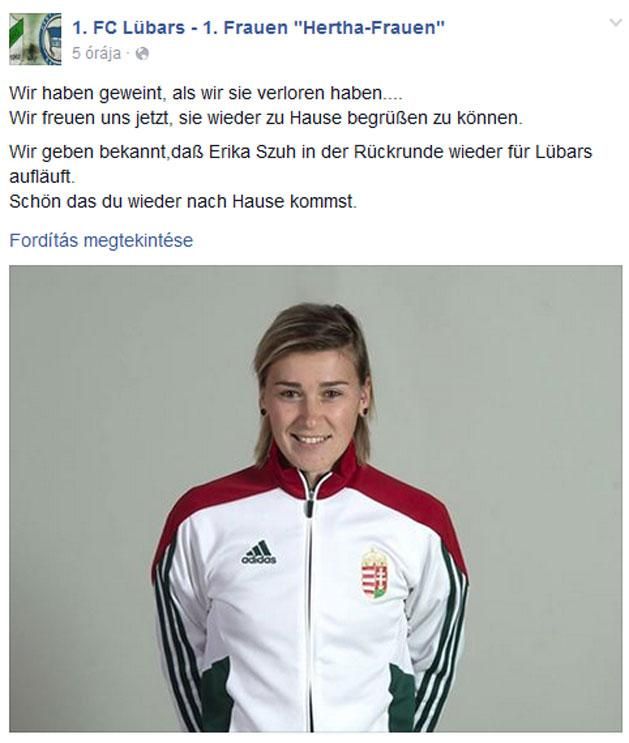 Az 1. FC Lübars a Facebookon jelentette be Szuh Erika szerződtetését (Fotó: Facebook/1. FC Lübars)