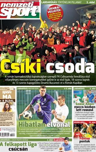 A Nemzeti Sport címlapja, miután a Csíkszereda 
kiejtette a Dinamót a Román Kupából