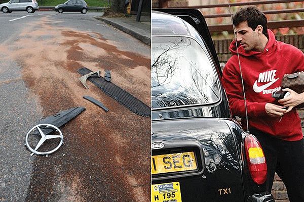 Balra a Mercedes romjai, jobbra a taxival és tottenhames kistáskával távozó Fabregas (Fotó: Thesun.co.uk)