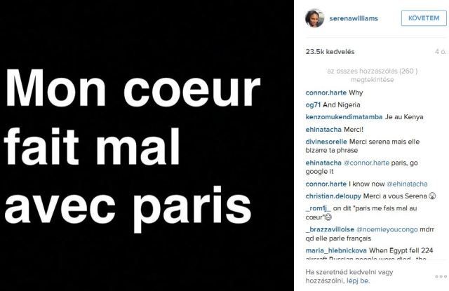 A szívem Párizsért fáj – Serena Williams (Forrás: Instagram)