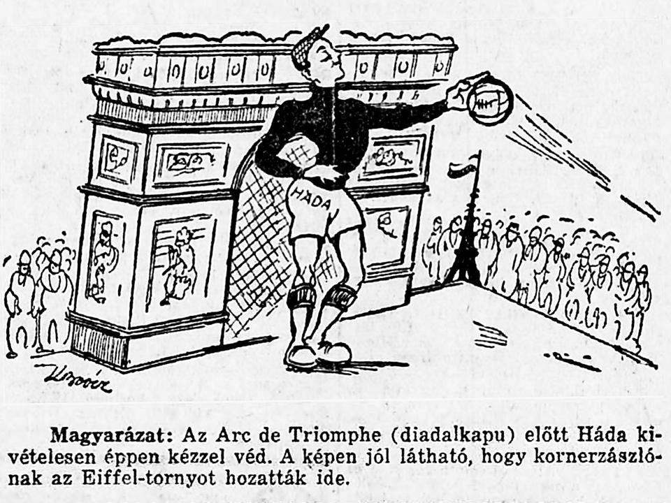 Háda József a Nemzeti Sport karikatúráján – a kapus tizenegyest is védett Párizsban