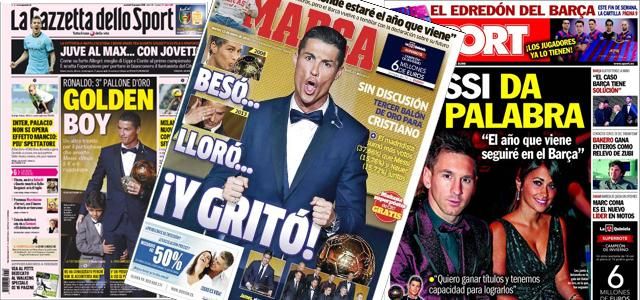 Nem mindenhol Cé a befutó, a katalán Sportnál például Messi kapta a címlapot, lenyomva a portugált… (Fotó: NS-montázs)
