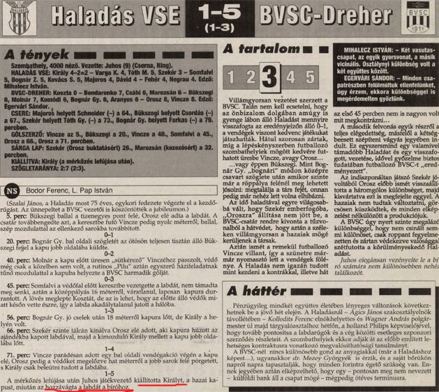 Az 1995-ös Haladás–BVSC meccs tudósítása a Nemzeti Sportban