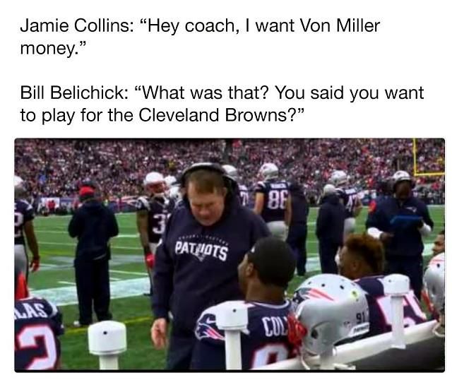 – Von Miller pénzét (6 év, 114.5 millió dollár) kérem. – Hogy mondod? A Brownshoz szeretnél igazolni? (Forrás: NFL Memes)