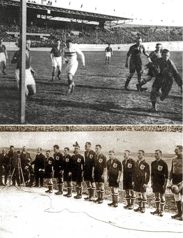 Holland helyzet az 1933-as meccsen. Szabó kapus az ötösön, Bíró a gólvonalon, a háttérben Lázár és Korányi. Lent a holland válogatott. (Ringier/archív)