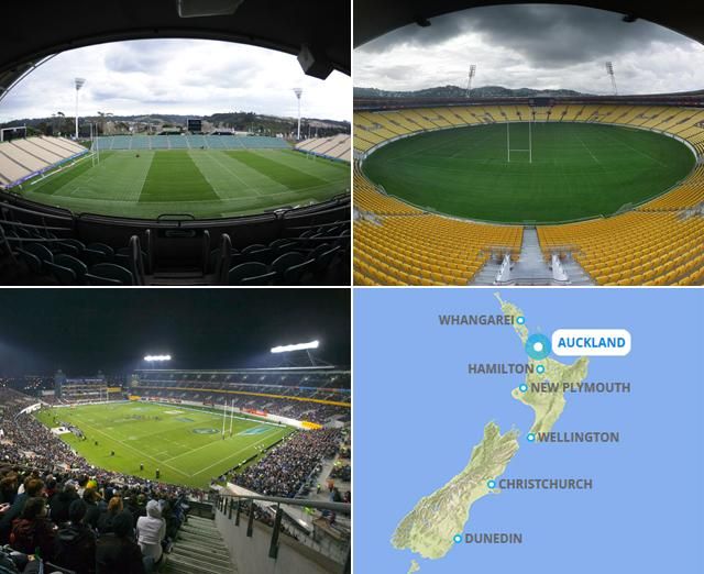 Helyszínek: Auckland, Wellington (fölső sor), Christchurch, a rendező városok (alsó sor) (Fotó: Action Images/AFP)