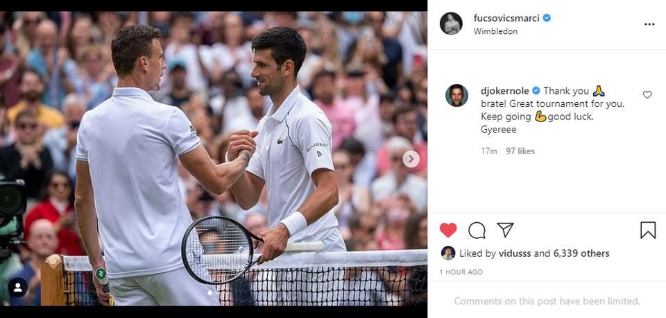 Djokovics magyarul kommentelt Fucsovics posztjához (Fotó: instagram.com/fucsovicsmarci)