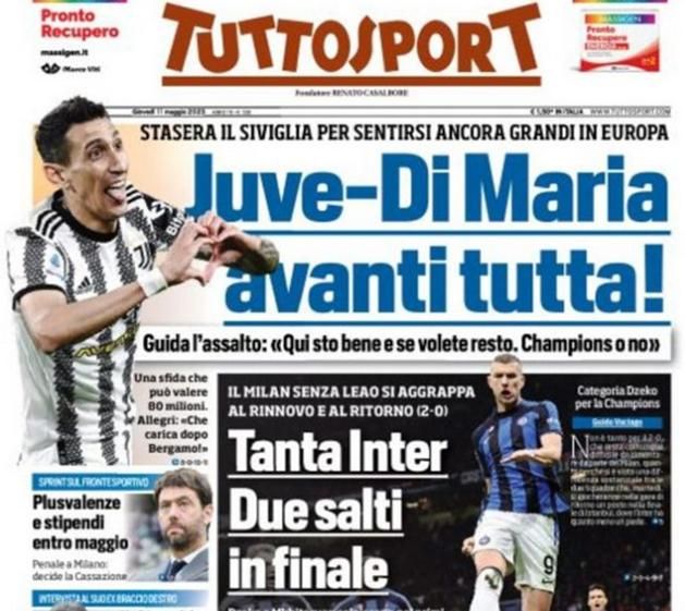 Tuttosport: Az Inter kettőt ugrott a döntő felé. Leao nélkül volt a Milan, kapaszkodnia kell. A torinói sportlapnál azonban nem meglepő módon már a Juventus Sevilla elleni El-elődöntője adja a vezető témát.