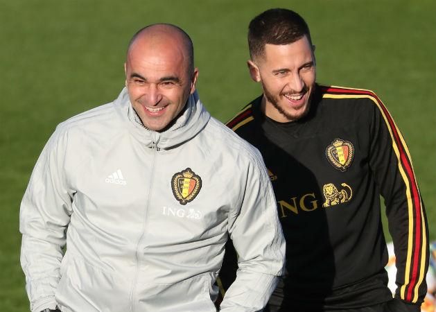 Roberto Martínez és Eden Hazard – indokolt a jókedv (Fotó: AFP)