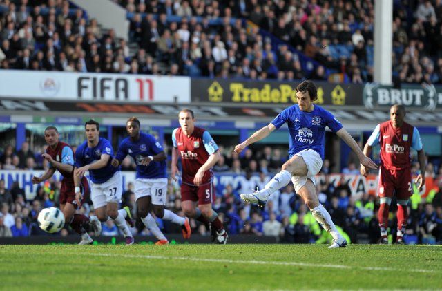 Leighton Baines a hajrában büntetőből megment egy pontot az Evertonnak az Aston Villa ellen (Fotó: whoateallthepies.tv)
