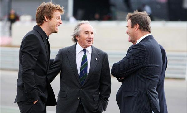 Három brit világbajnok (balról): Jenson Button, Jackie Stewart és Nigel Mansell