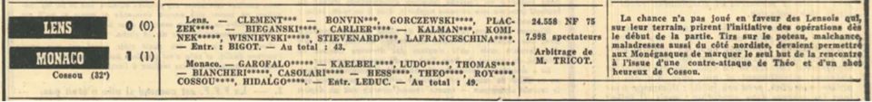 Az 1960 augusztusában játszott Lens–Monaco mérkőzésről a korabeli francia sajtóban megjelent jegyzőkönyv, Gerencséri neve Kalman formában szerepel