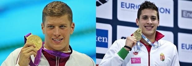 Dániel Gyurta with the Olympic gold medal (left), Gergely on the right with the medal for winning the 2013 European Championships