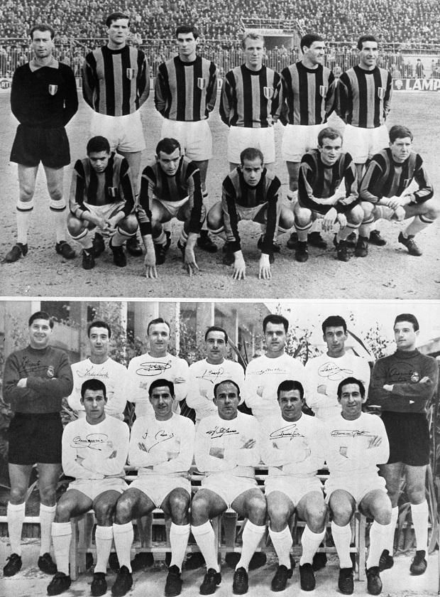 Az 1964-es BEK-döntőt megnyerő Interben (a felső képen) Facchetti az álló sorban balról a második, a3:1-re veszítő Real Madridban Puskás (az alsó képen) az ülő sorban jobbról a második (Fotók: AFP)
