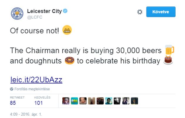 A Leicester City szurkolói ingyen sört és fánkot kapnak (Forrás: Twitter)