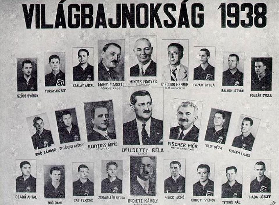 Az 1938-as vb-n ezüstérmes magyar válogatott – Kohut az alsó sorban jobbról a 3.