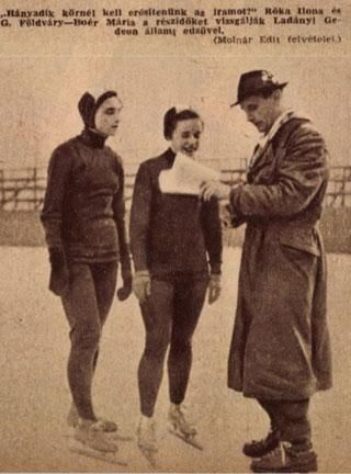 Földváry-Boér Mária (balra) a rivális Róka Ilonával 
és Ladányi Gedeon edzővel a Műjégpályán