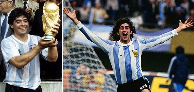 1986: Diego Maradona áhítattal emelte magasba a vb-trófeát (balra). 1978: a kor sztárja Mario Kempes a vb-döntőben két gólt szerzett a hollandok ellen (jobbra)
(Fotók: AFP, Imago Images)