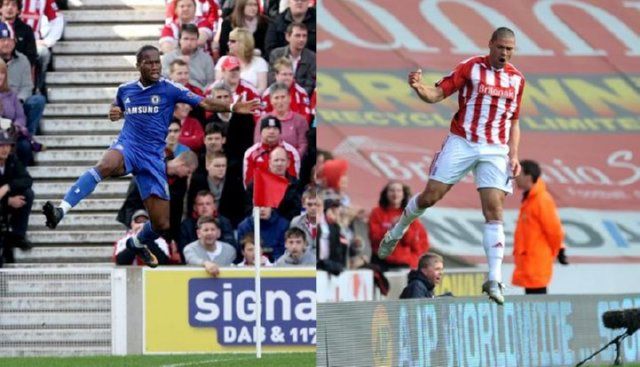 Didier Drogba és John Walters gólöröme az 1–1-gyel záruló Stoke City–Chelsea-n (Fotó: whoateallthepies.tv)