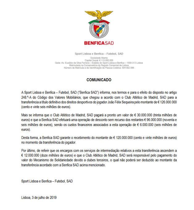 A Benfica szerdai közleménye