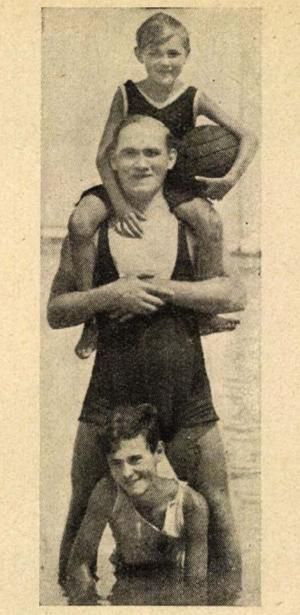 Schlosser két fiával Balatonlellén: a vízben Imre, 
a futballista nyakában pedig Putyi (Forrás: Színházi Élet)