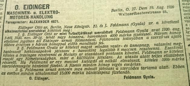 Otto Eidinger és Feldmann Gyula szerződése