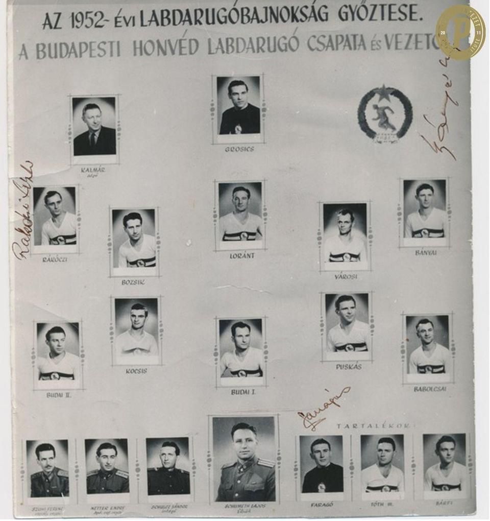 Az 1952-es Budapest Honvéd bajnokcsapatának tablója – Bányai Nándor, Faragó Lajos és Rákóczi László aláírásával (Fotó: Puskás Intézet)