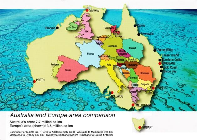 Egy kicsit elforgatott és megcsonkított Európa Ausztrálián belül 
(Forrás: mapcollection.wordpress.com – a térkép régebbi, a független Montenegró még nem szerepel rajta)