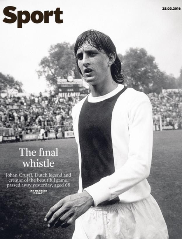 A brit Independent sportrovatának nyitó oldalán is egész oldalas Cruyff-kép látható