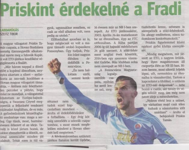 A Kisalföld szerdai számában cikkez Priskin Tamásról és a Ferencvárosról (Fotó: origo.hu)