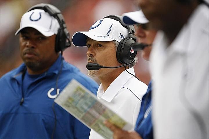 Chuck Pagano (fehér pólóban) munkában az oldalvonal mellett (Fotó: Action Images)