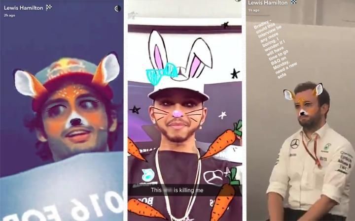 Hamilton alkotásai a Snapchat programmal Carlos Sainz Jr.-ról, önmagáról és Bradley Lord sajtósról